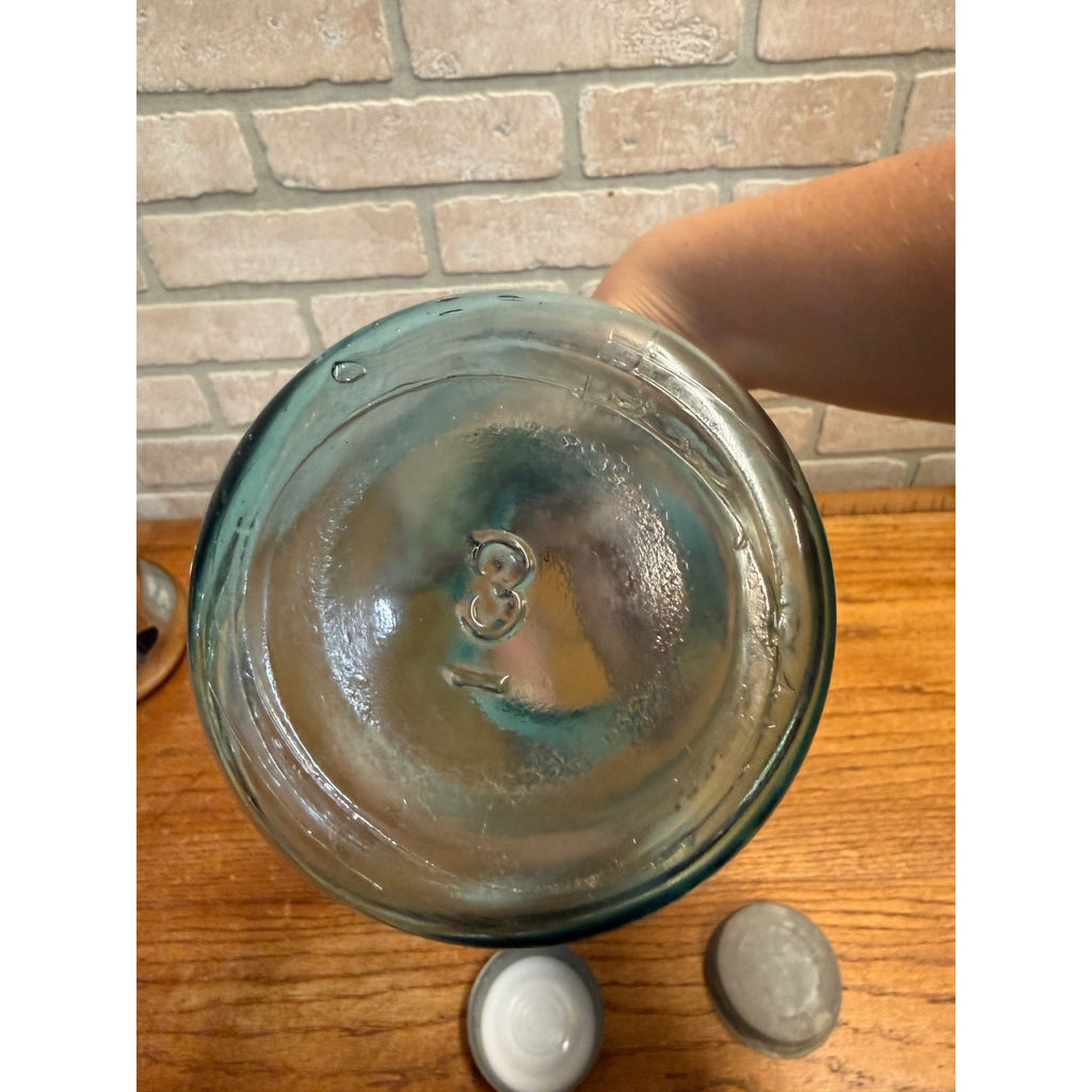 Vintage Pair of Ball Perfect Mason Canning Fruit Jars Aqua Blue #2 & #3 Quarts 1900s