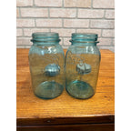 Vintage Pair of Ball Perfect Mason Canning Fruit Jars Aqua Blue #2 & #3 Quarts 1900s