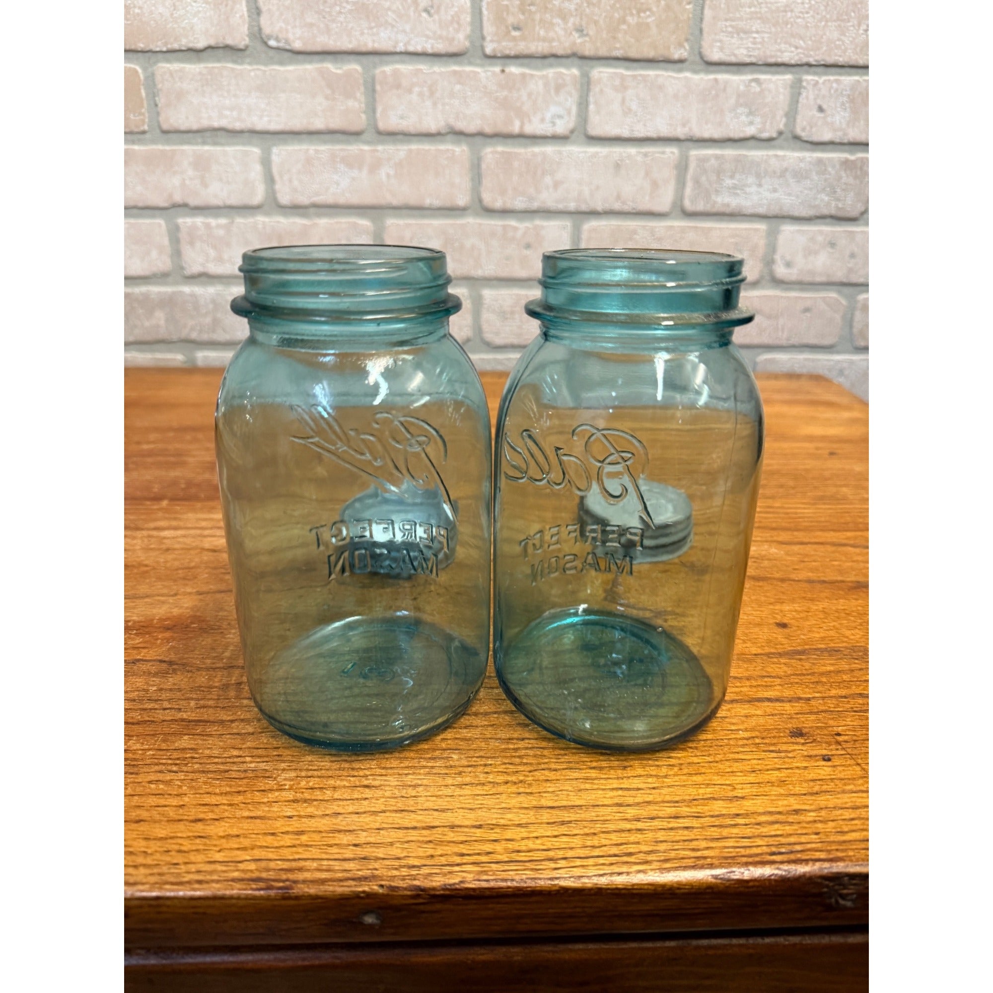 Vintage Pair of Ball Perfect Mason Canning Fruit Jars Aqua Blue #2 & #3 Quarts 1900s