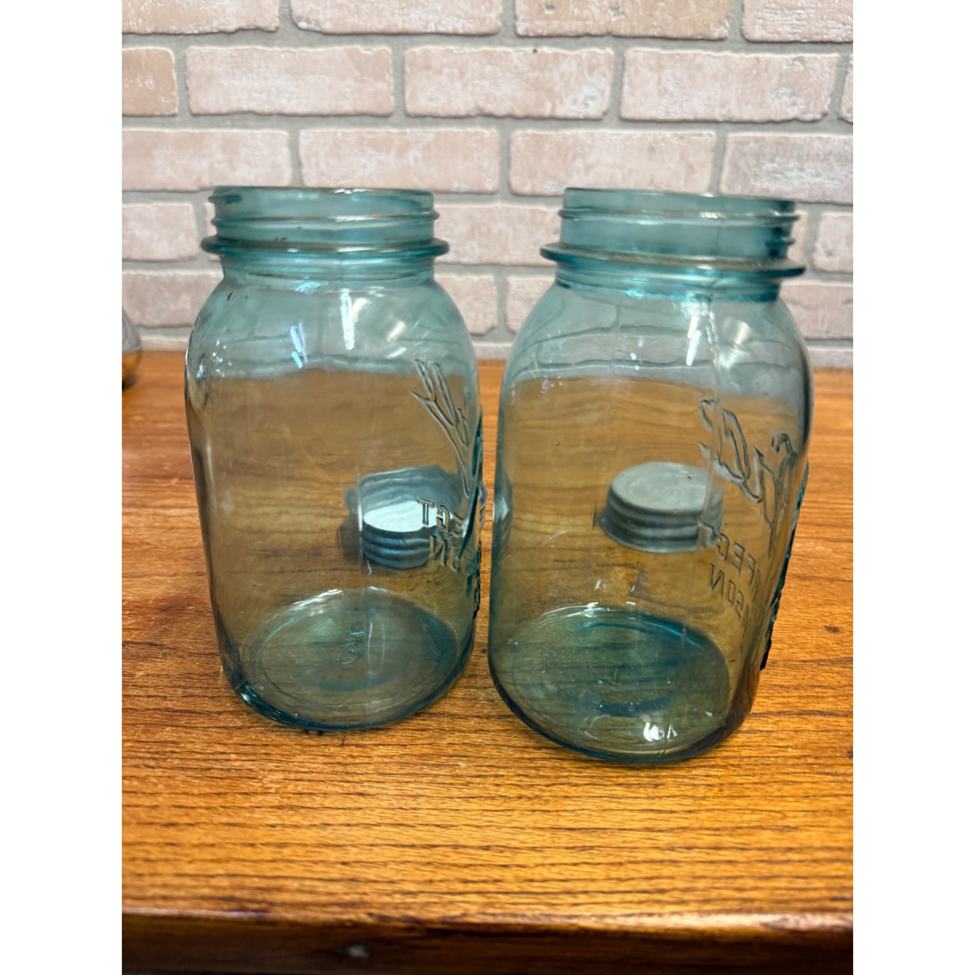 Vintage Pair of Ball Perfect Mason Canning Fruit Jars Aqua Blue #2 & #3 Quarts 1900s