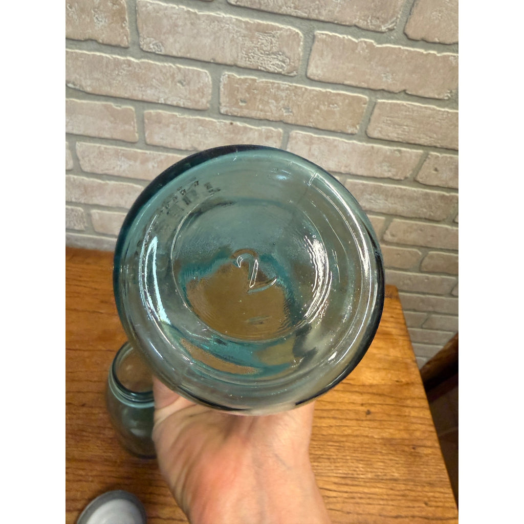 Vintage Pair of Ball Perfect Mason Canning Fruit Jars Aqua Blue #2 & #3 Quarts 1900s