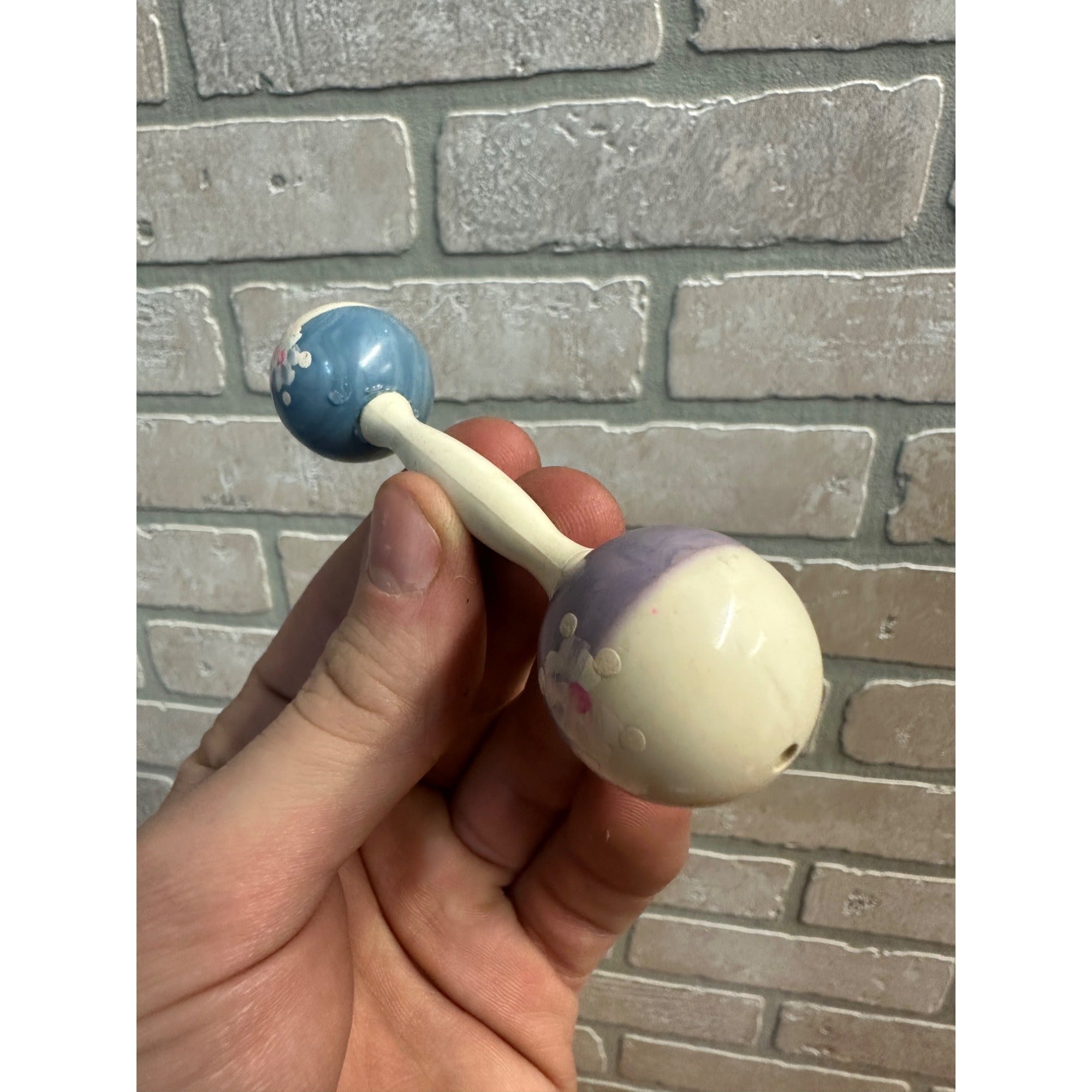 Vintage 1940s Baby Rattle Celluloid Plastic 4" Dumbbell Style Two-Tone