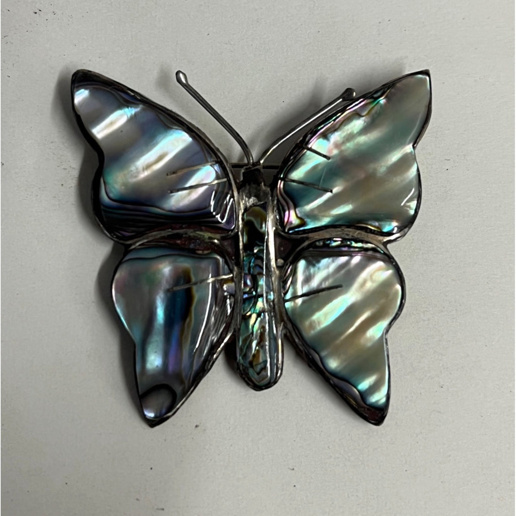 Vintage Mexico 925 Sterling Silver Abalone Butterfly Brooch Pin Taxco Style