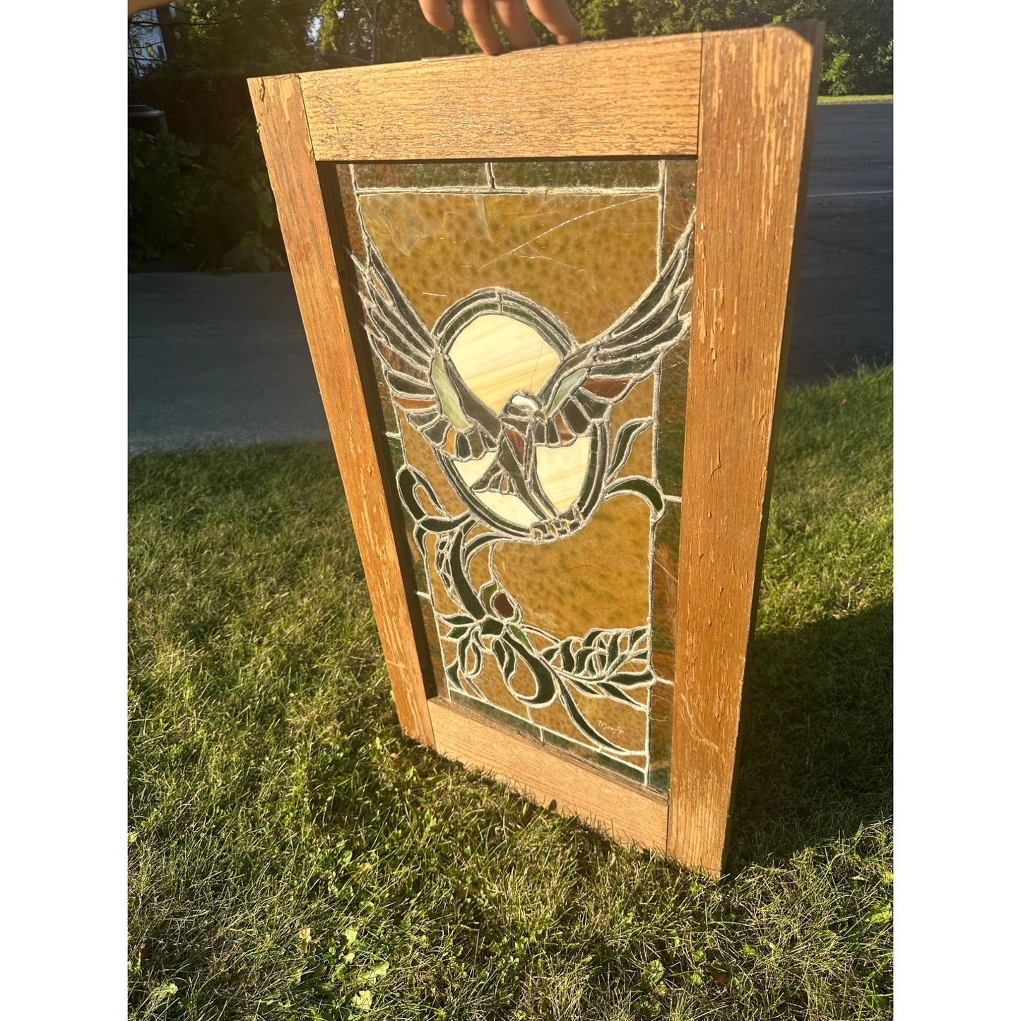 Vintage 1960s Stained Art Glass Soaring Eagle Bird - Wood Frame