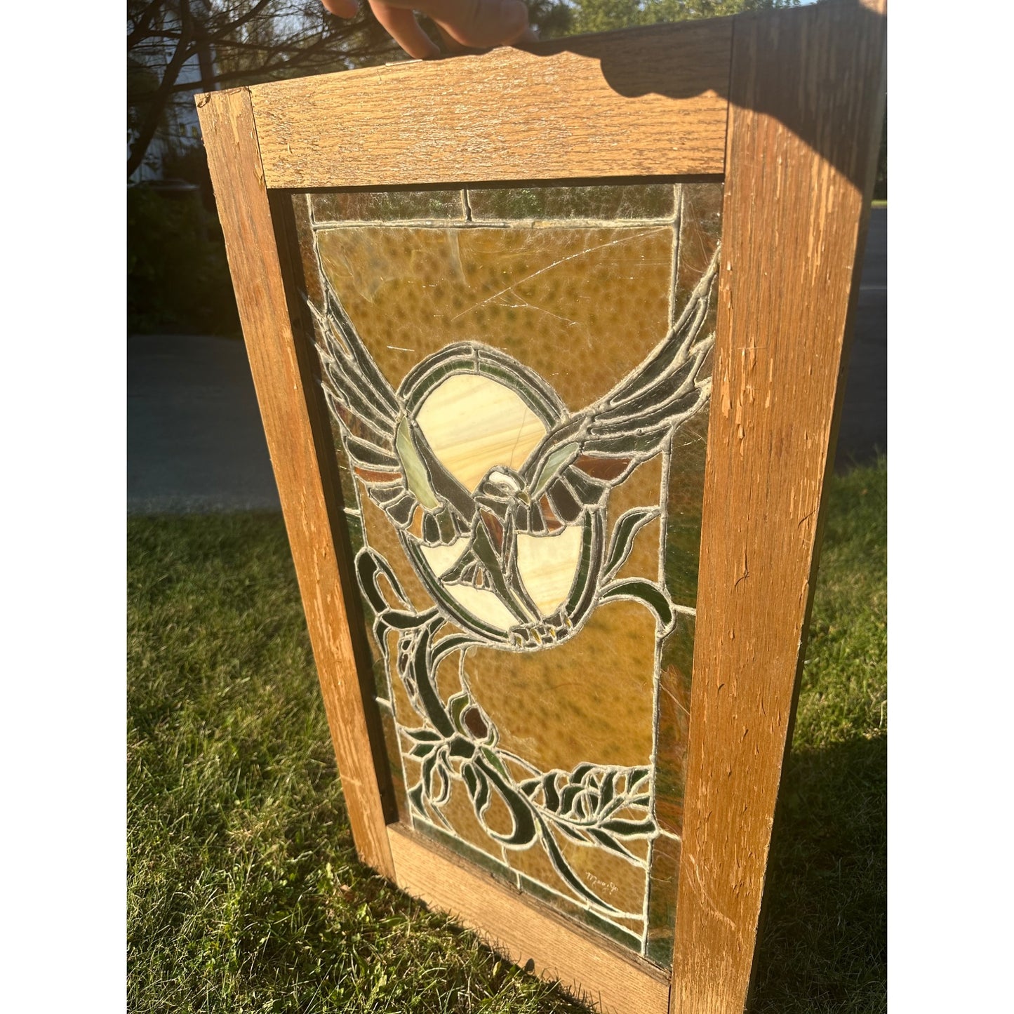 Vintage 1960s Stained Art Glass Soaring Eagle Bird - Wood Frame