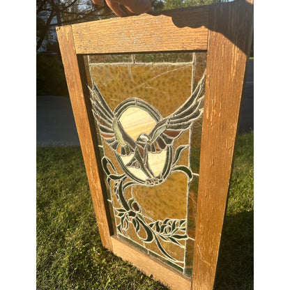 Vintage 1960s Stained Art Glass Soaring Eagle Bird - Wood Frame