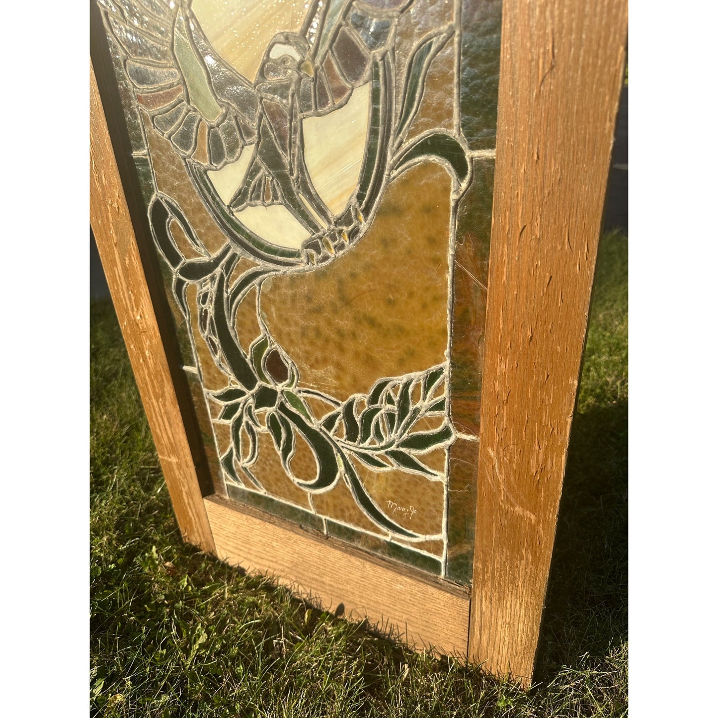 Vintage 1960s Stained Art Glass Soaring Eagle Bird - Wood Frame