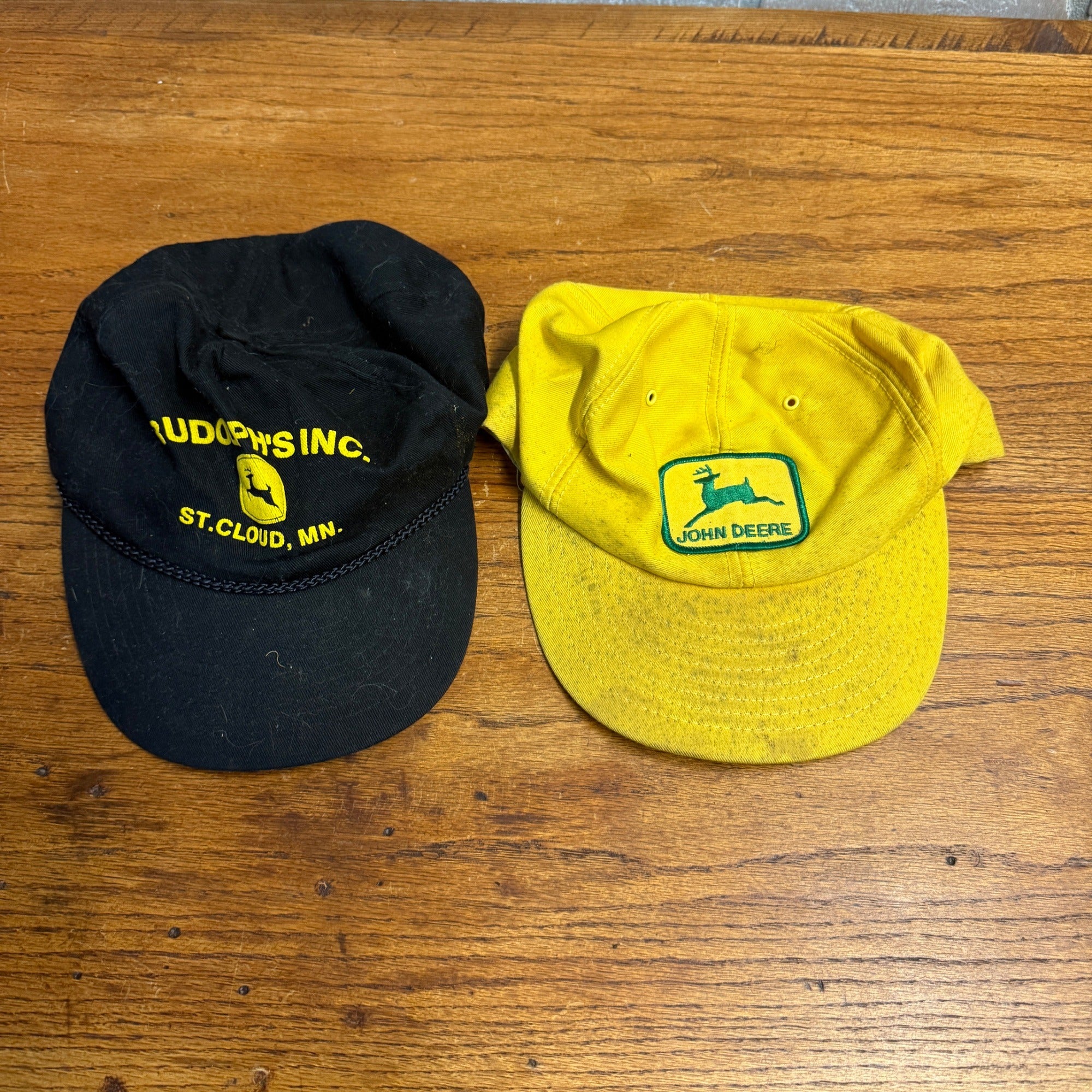 (2) Vintage John Deere Advertising Hats Caps Snapback Worn Used Preowned