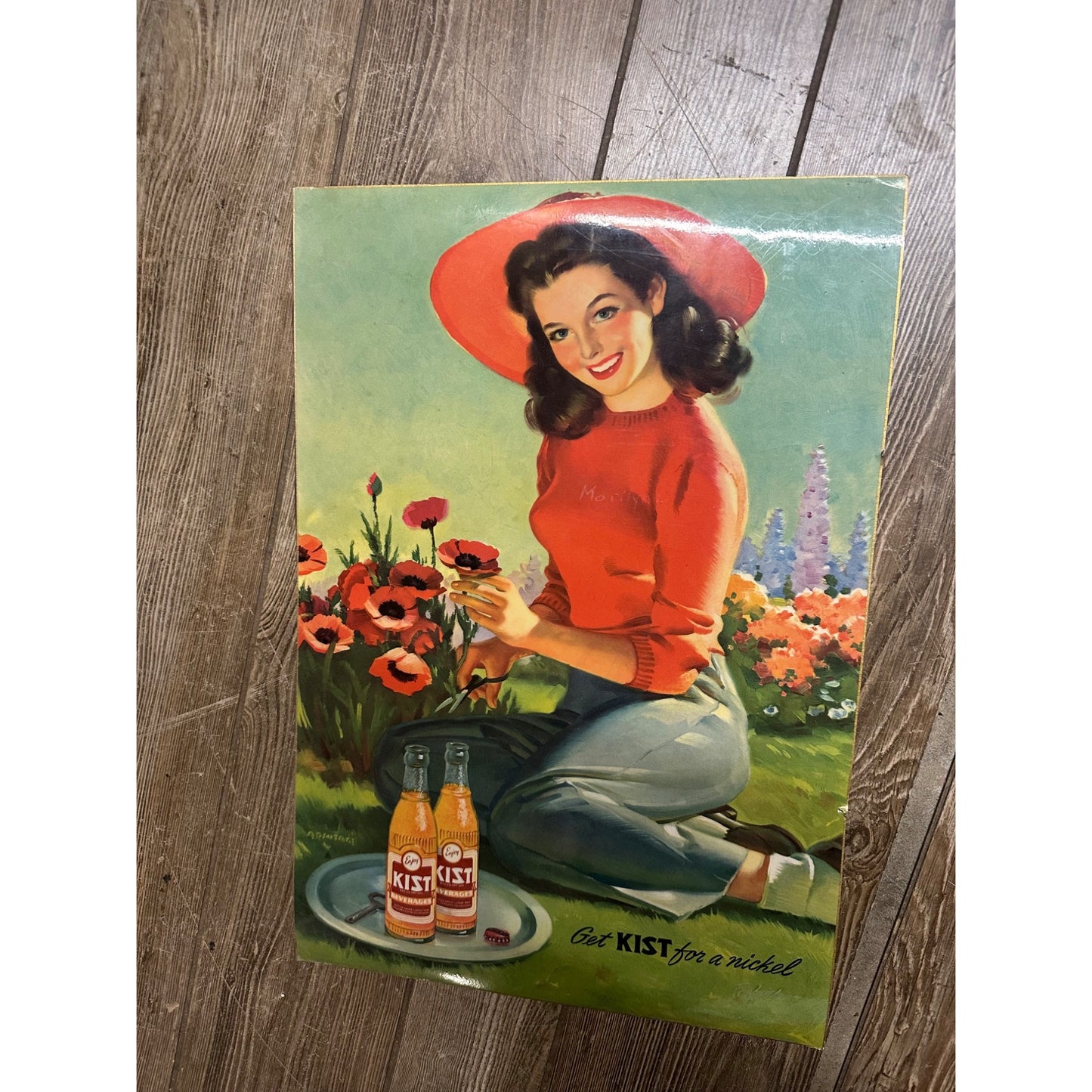 Vintage 1940s Kist Soda Advertising Enameled Litho Poster Sign w/ Girl