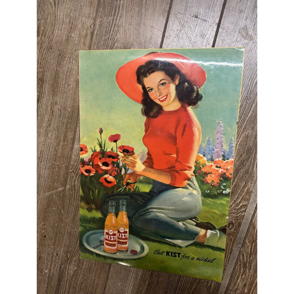 Vintage 1940s Kist Soda Advertising Enameled Litho Poster Sign w/ Girl