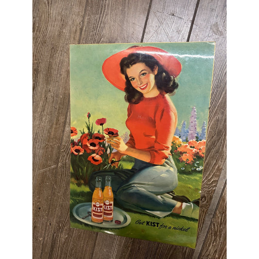 Vintage 1940s Kist Soda Advertising Enameled Litho Poster Sign w/ Girl