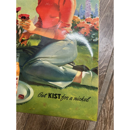 Vintage 1940s Kist Soda Advertising Enameled Litho Poster Sign w/ Girl