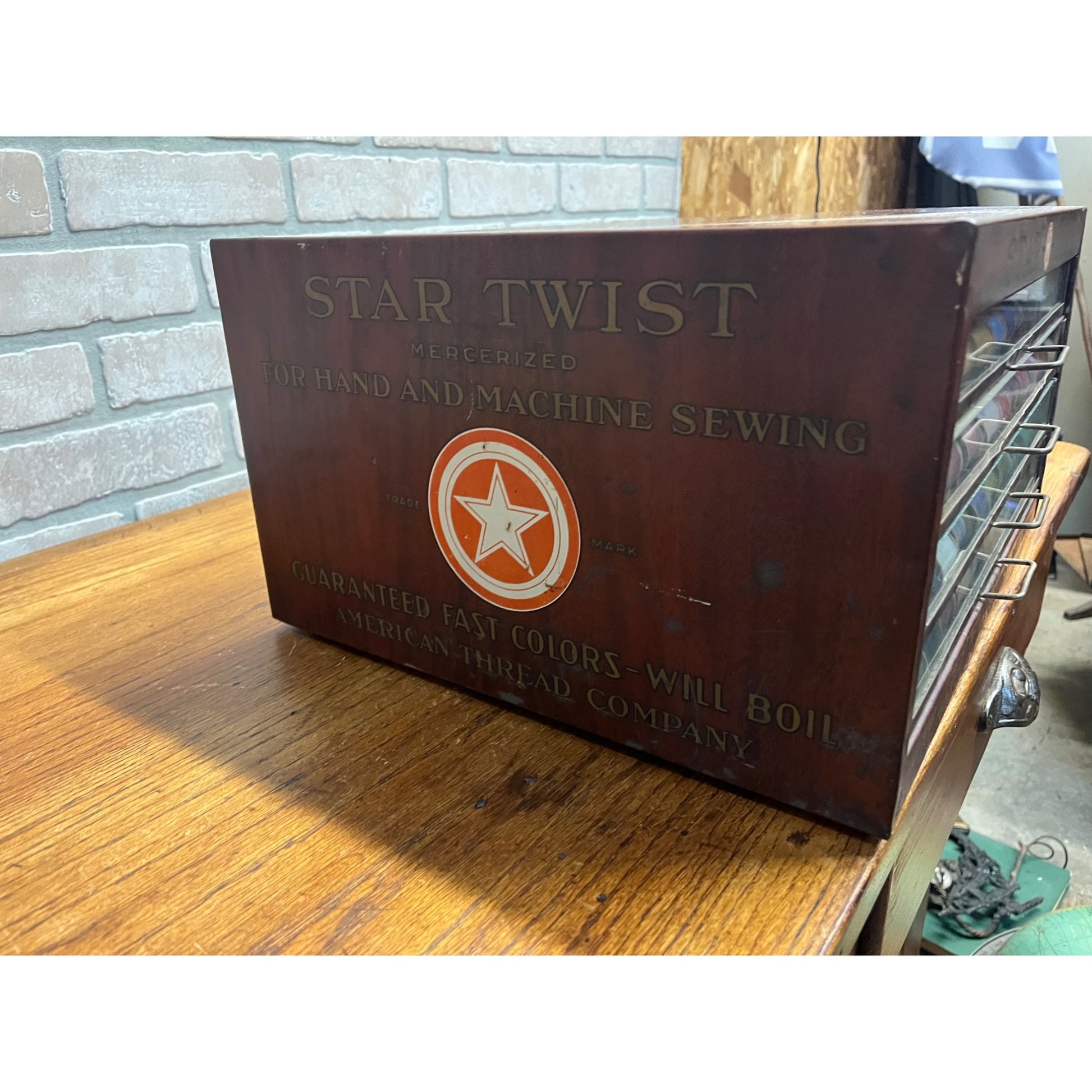 Antique Vintage Star Twist Sewing Thread Advertising Store Display Cabinet