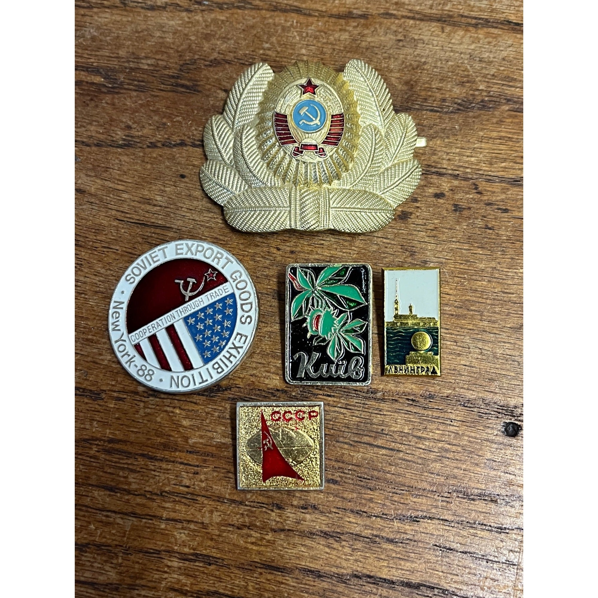 Vintage 1980s Soviet Russia USSR CCCP Pins Lot Export Goods Exhibition 1988 Officers Badge
