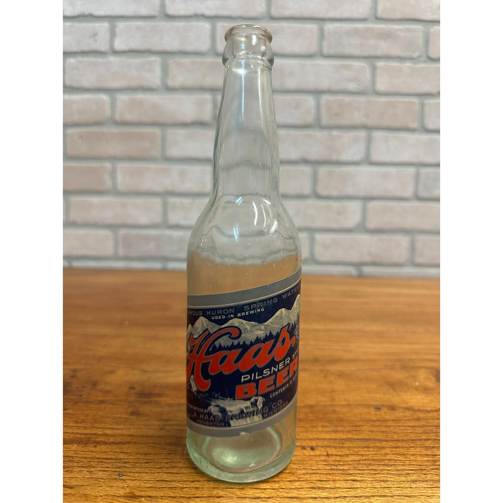 Vintage Haas Pilsner Beer 12oz Clear Bottle Houghton MI Mich. Label Huron Spring
