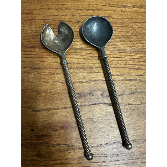 Vintage Italian Silver EP Zinc 9.5” Twist Handle Serving Spoon & Fork