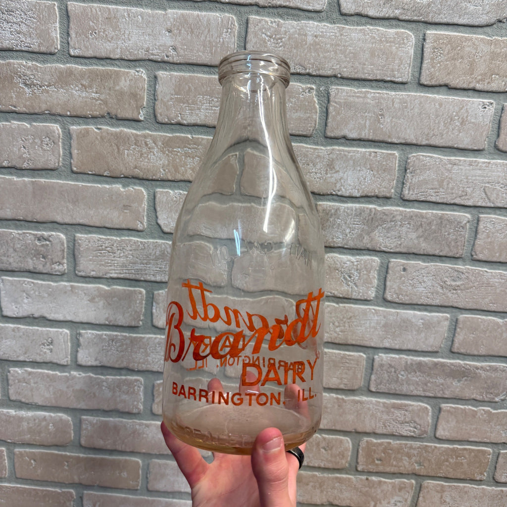 Brandt Dairy Barrington ILL IL Pyroglazed Half Gallon Milk Bottle Embossed