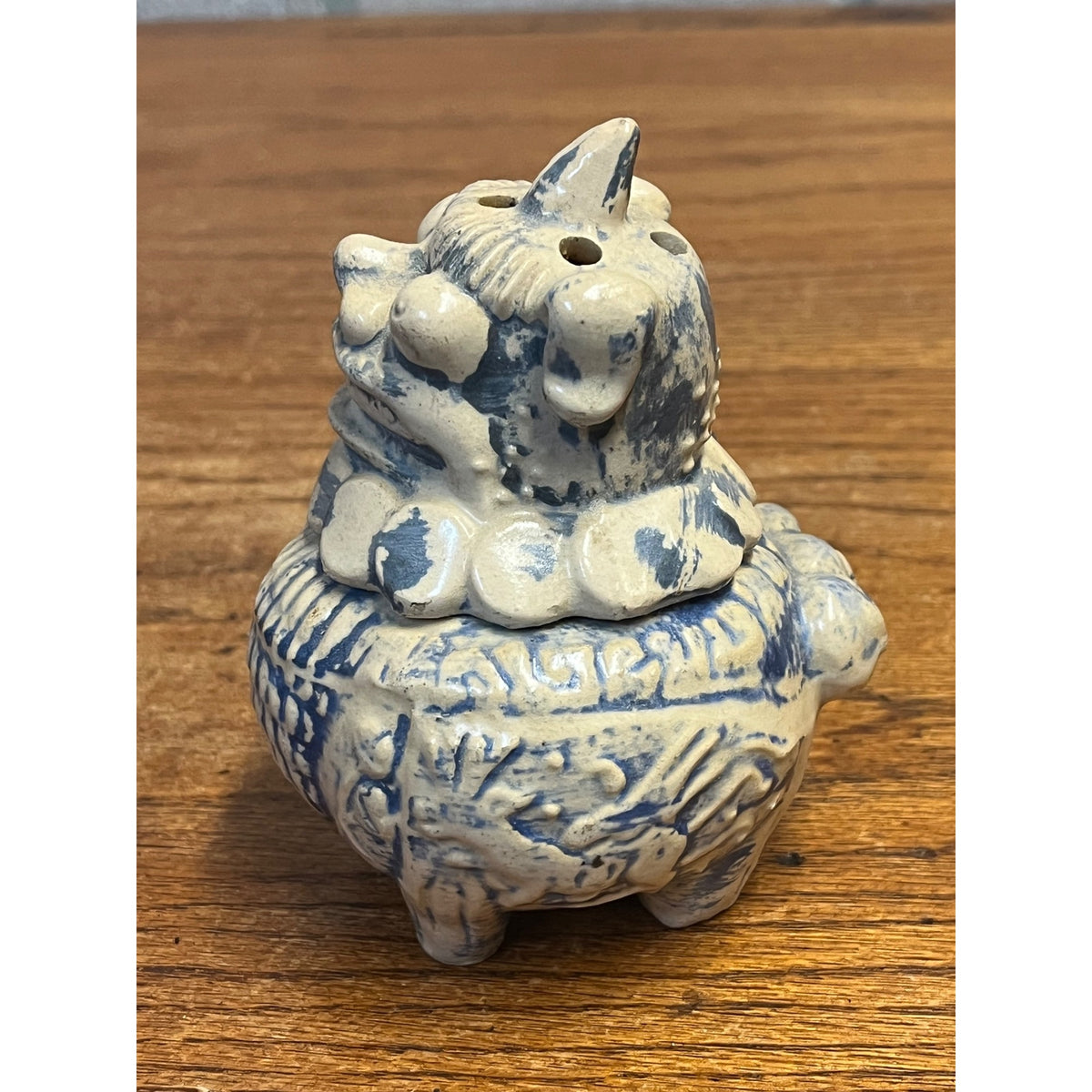 Vintage Asian Foo Dog Censer Incense Burner Blue & White Pottery Chinese 1960s
