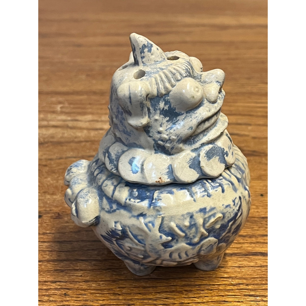 Vintage Asian Foo Dog Censer Incense Burner Blue & White Pottery Chinese 1960s