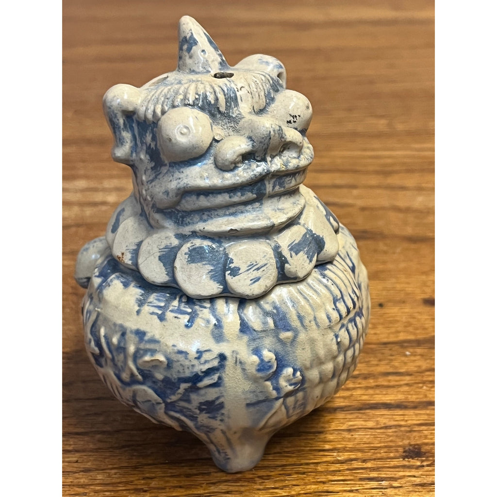 Vintage Asian Foo Dog Censer Incense Burner Blue & White Pottery Chinese 1960s