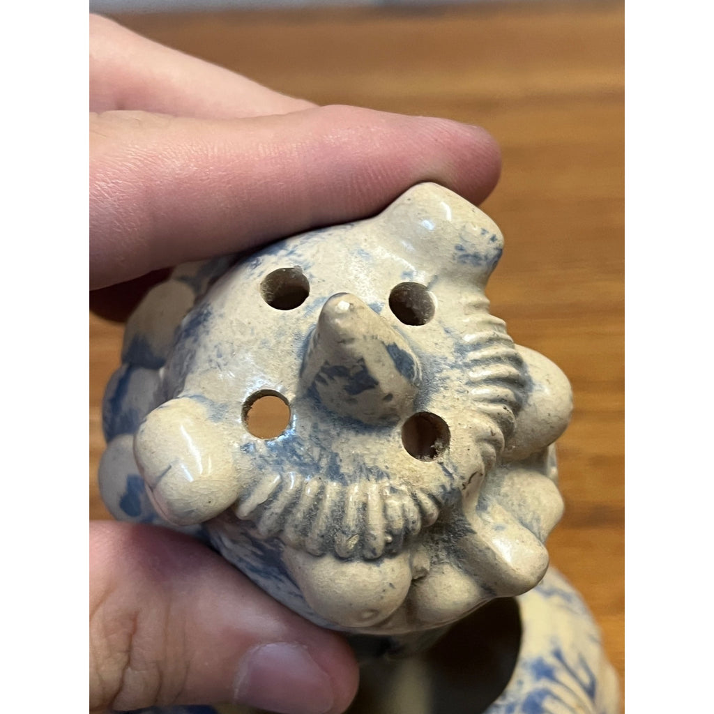 Vintage Asian Foo Dog Censer Incense Burner Blue & White Pottery Chinese 1960s