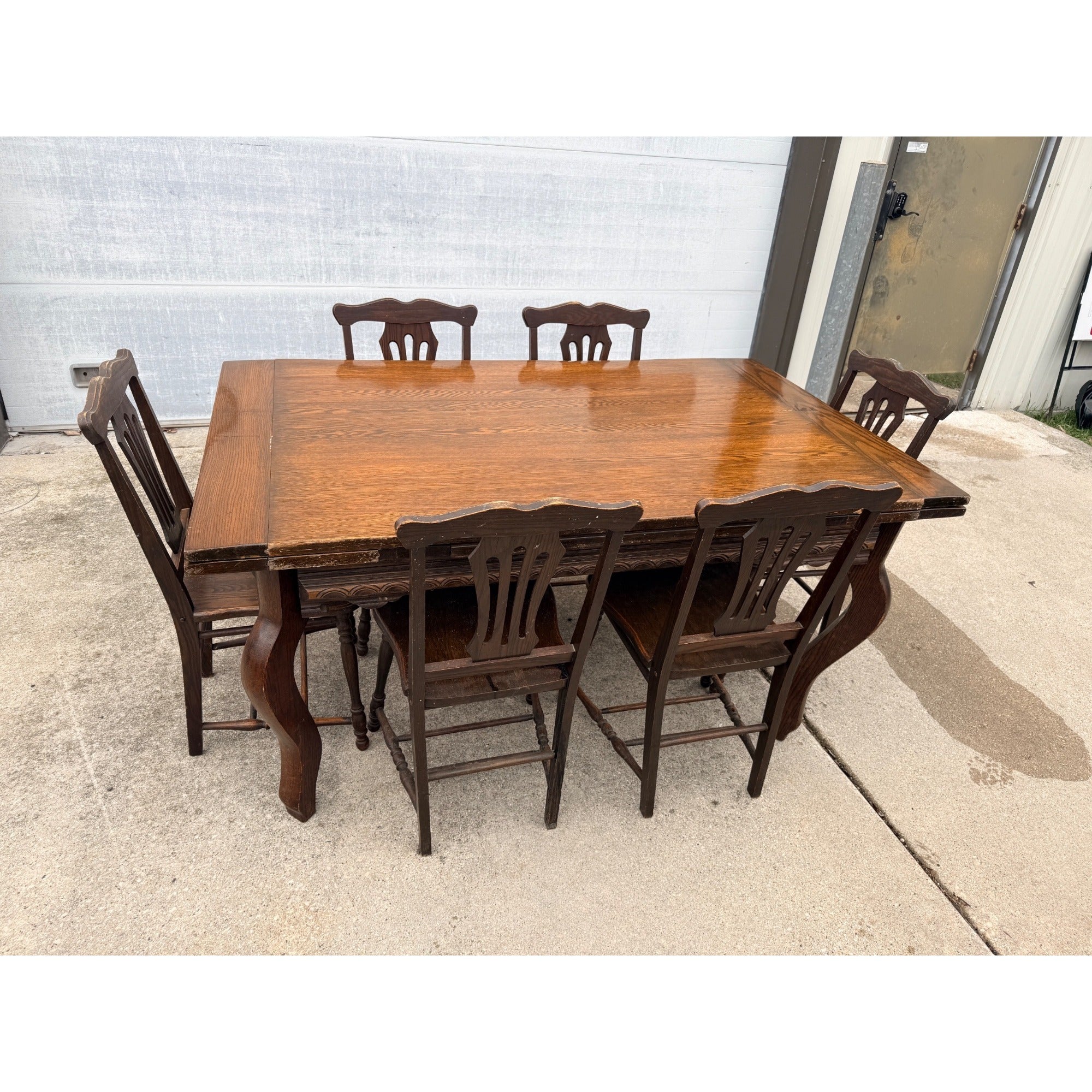 Antique Oak Draw-Leaf Dining Table w/ 6 Chairs Jacobean Tudor Revival 1910s–20s