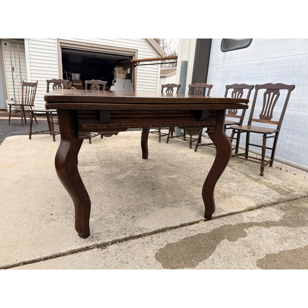 Antique Oak Draw-Leaf Dining Table w/ 6 Chairs Jacobean Tudor Revival 1910s–20s