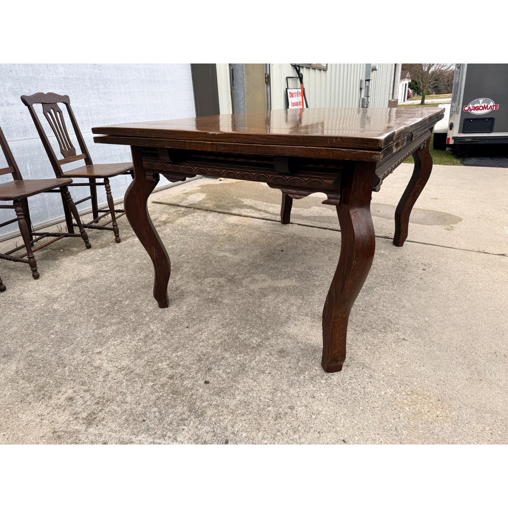 Antique Oak Draw-Leaf Dining Table w/ 6 Chairs Jacobean Tudor Revival 1910s–20s