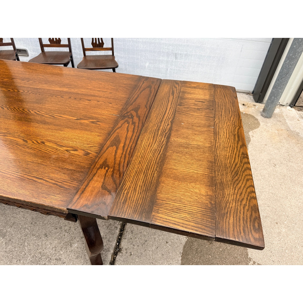 Antique Oak Draw-Leaf Dining Table w/ 6 Chairs Jacobean Tudor Revival 1910s–20s