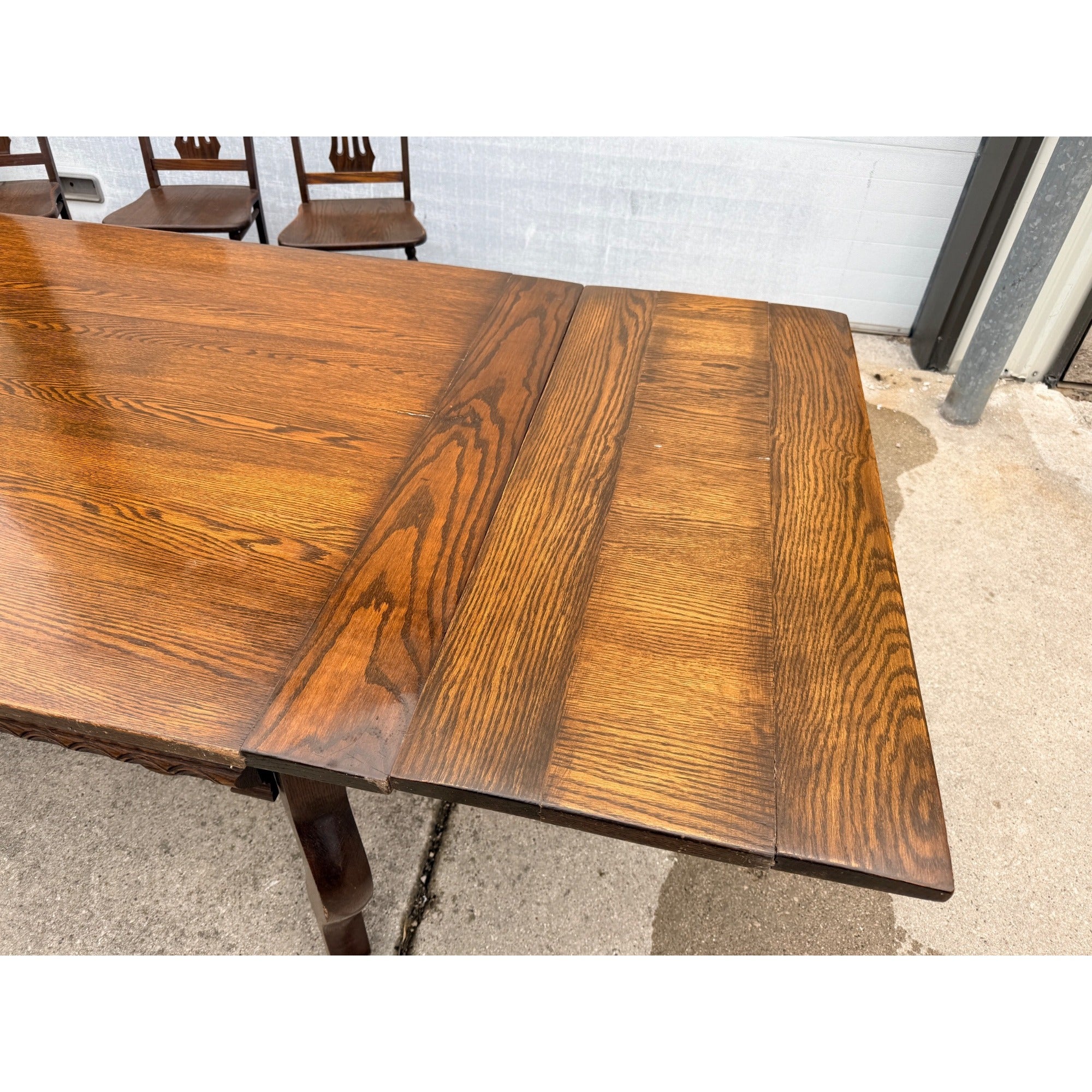 Antique Oak Draw-Leaf Dining Table w/ 6 Chairs Jacobean Tudor Revival 1910s–20s