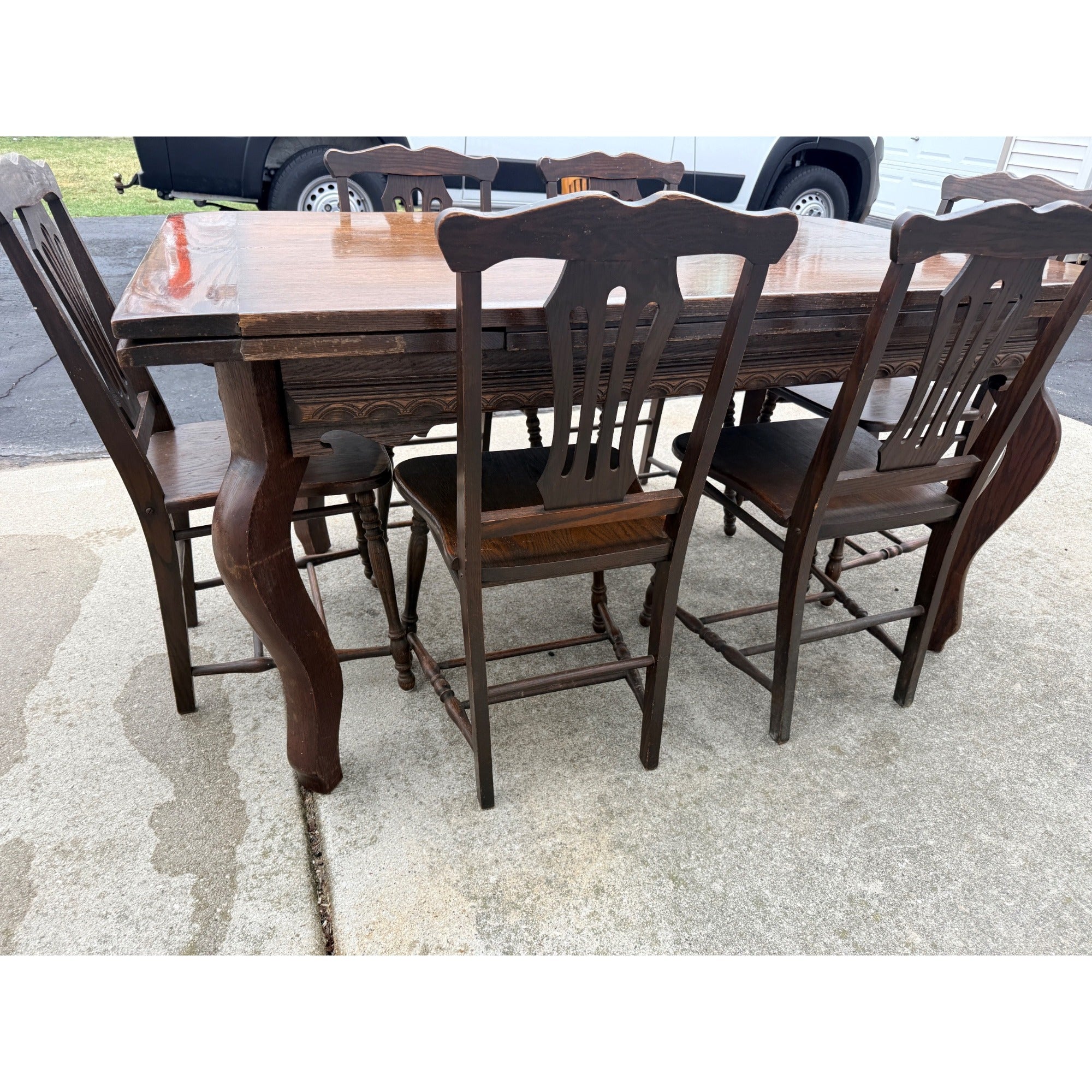 Antique Oak Draw-Leaf Dining Table w/ 6 Chairs Jacobean Tudor Revival 1910s–20s