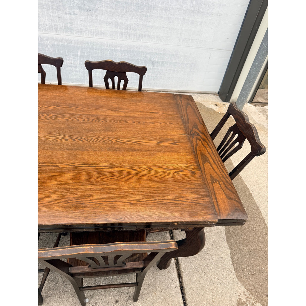Antique Oak Draw-Leaf Dining Table w/ 6 Chairs Jacobean Tudor Revival 1910s–20s