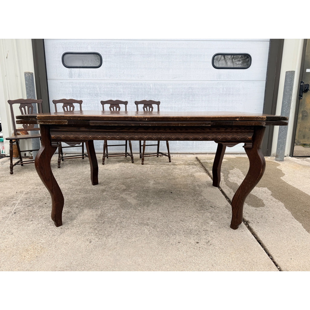 Antique Oak Draw-Leaf Dining Table w/ 6 Chairs Jacobean Tudor Revival 1910s–20s