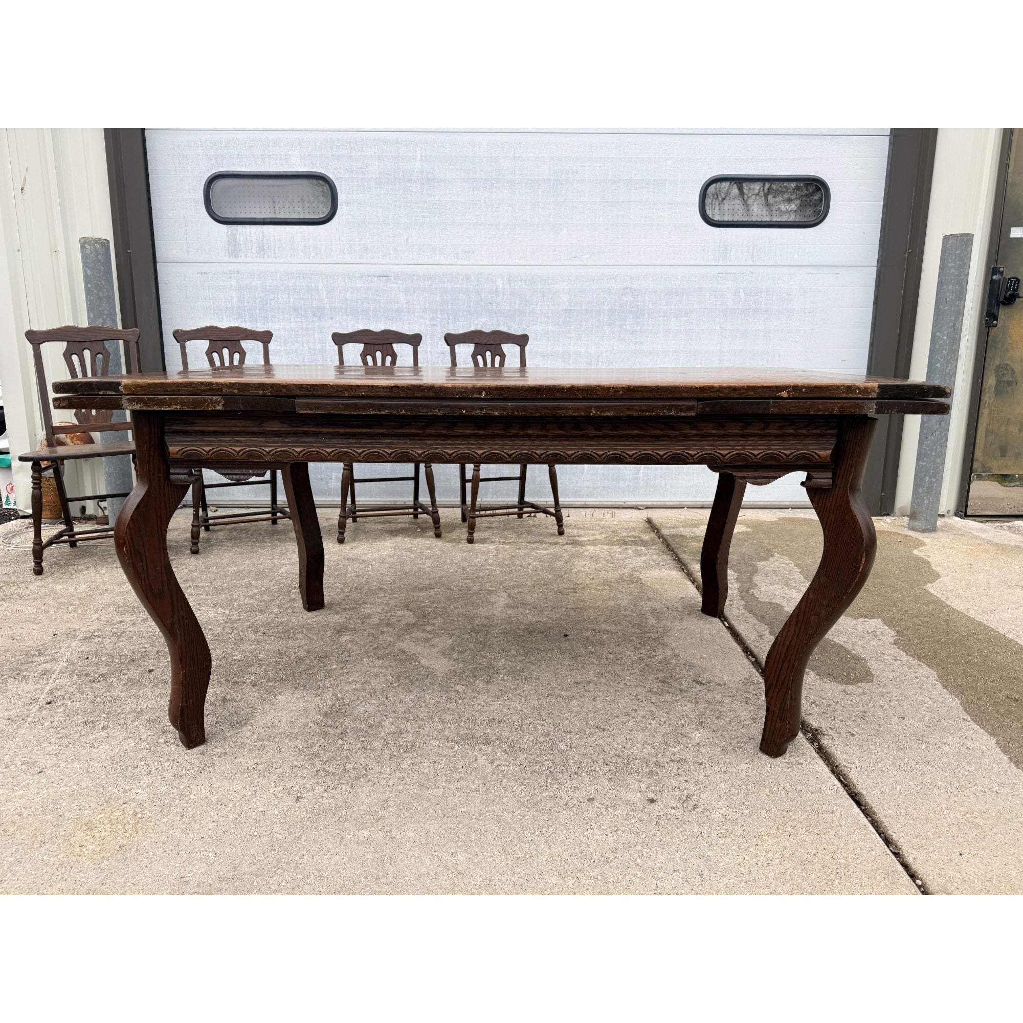Antique Oak Draw-Leaf Dining Table w/ 6 Chairs Jacobean Tudor Revival 1910s–20s