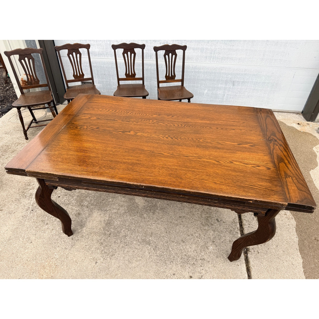 Antique Oak Draw-Leaf Dining Table w/ 6 Chairs Jacobean Tudor Revival 1910s–20s
