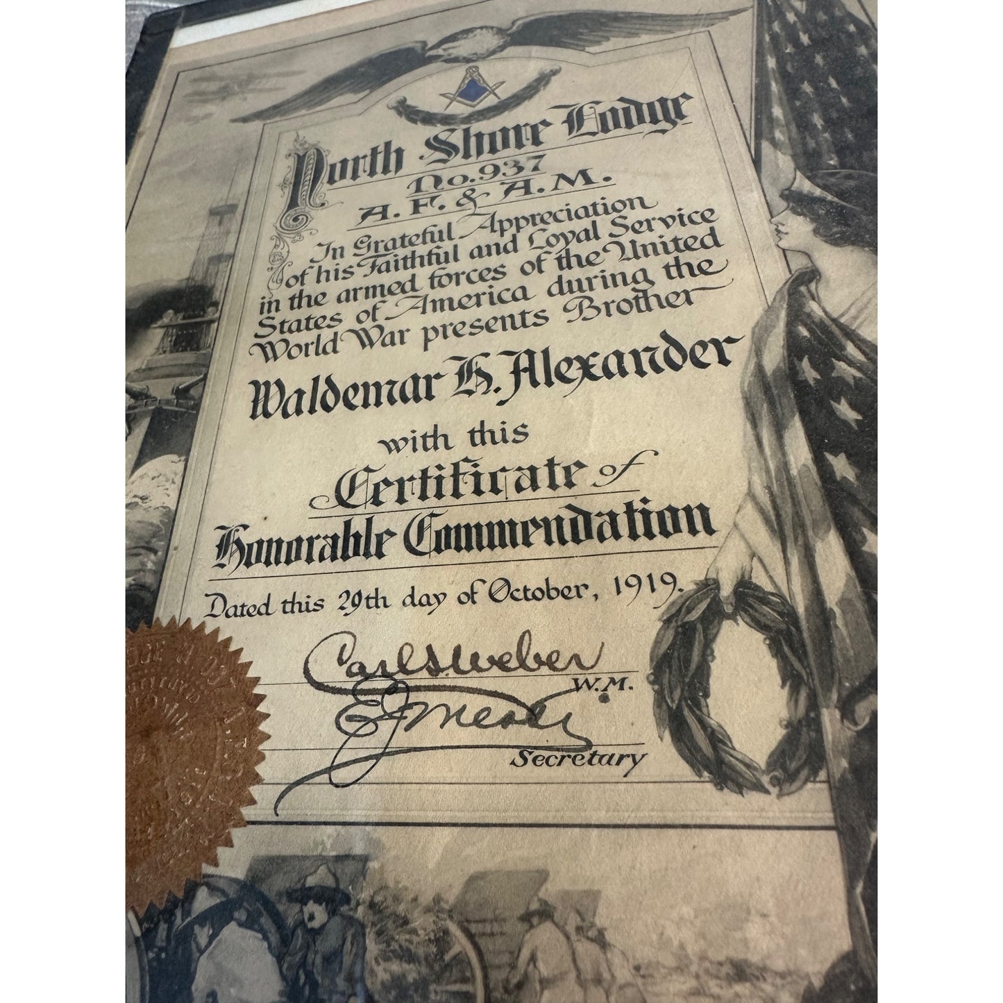 WWI Masonic Free & Accepted Masons Honorable Commendation Certificate WW1 World War