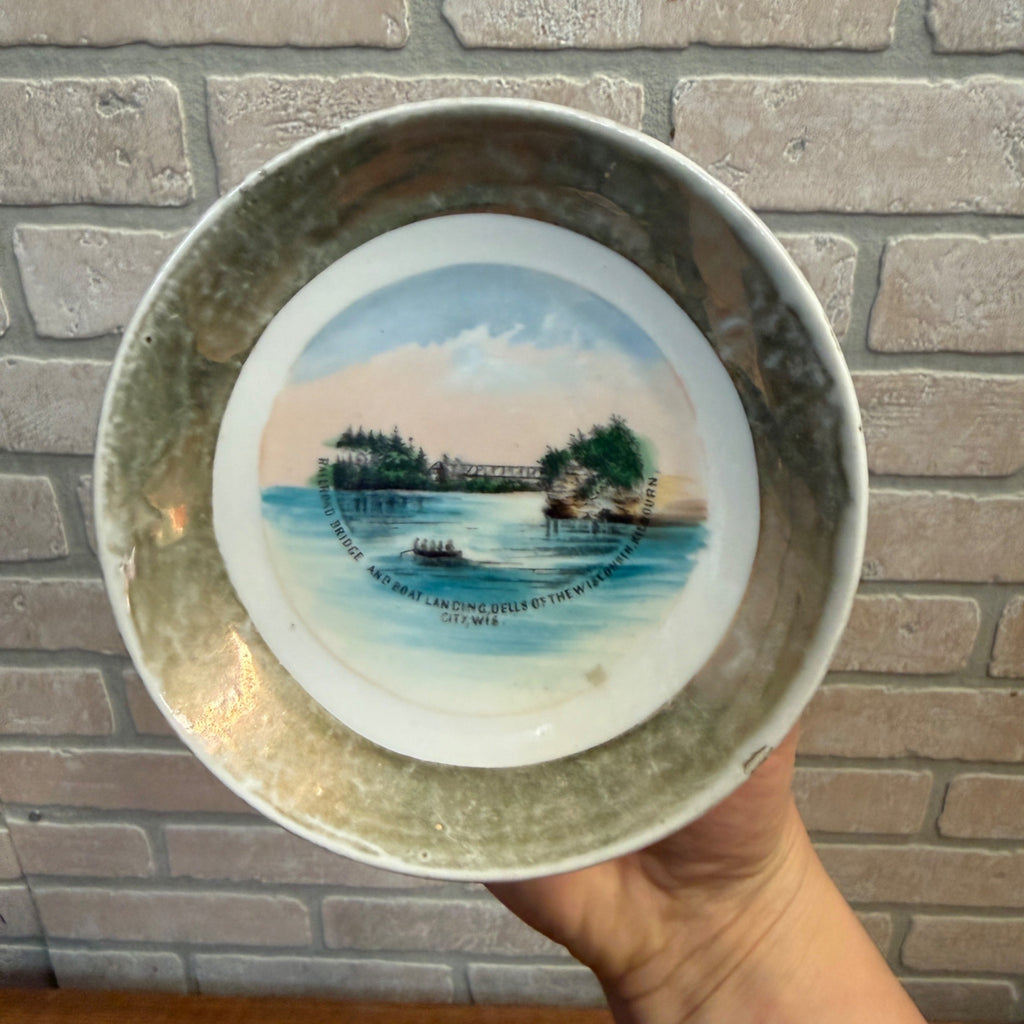 Vintage Wisconsin Scenic Souvenir Bowl Railroad Bridge Boat Landing Scene Display