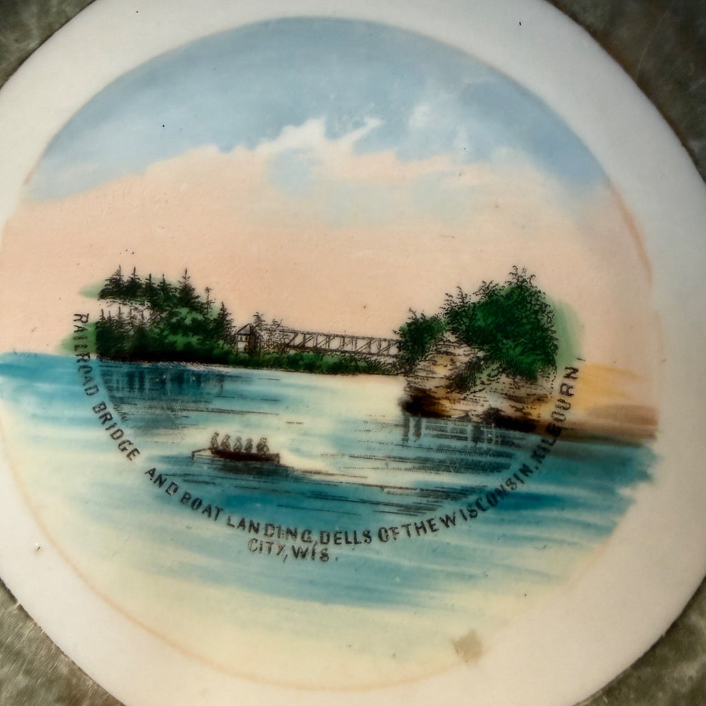 Vintage Wisconsin Scenic Souvenir Bowl Railroad Bridge Boat Landing Scene Display