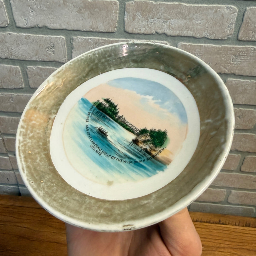 Vintage Wisconsin Scenic Souvenir Bowl Railroad Bridge Boat Landing Scene Display