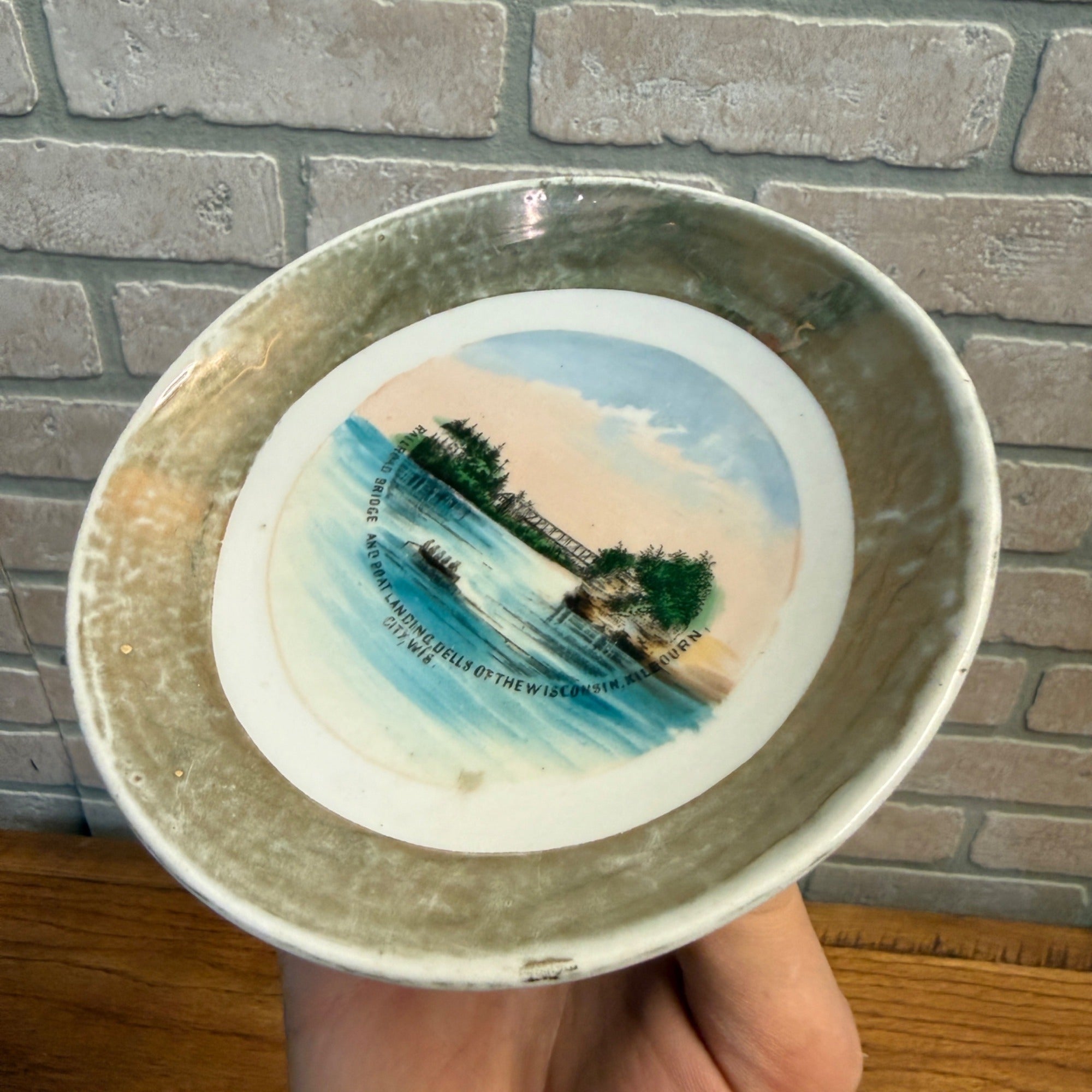 Vintage Wisconsin Scenic Souvenir Bowl Railroad Bridge Boat Landing Scene Display