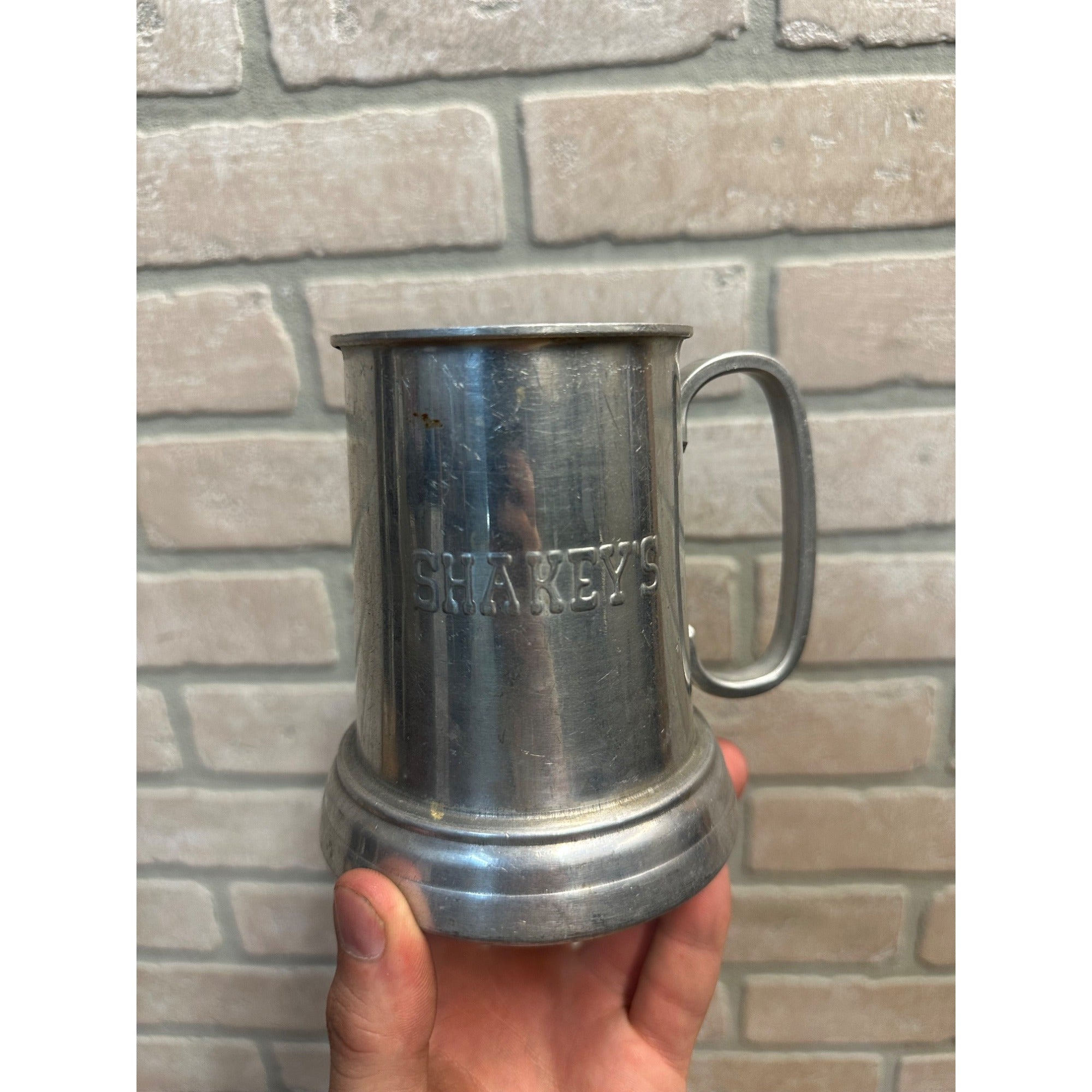 Vintage Shakey's Pizza Parlor Pewter Mug Cup Barware Advertising Glass Bottom