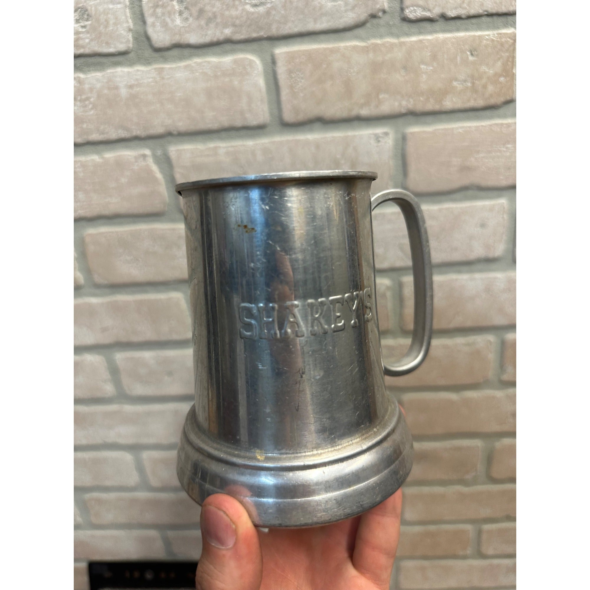 Vintage Shakey's Pizza Parlor Pewter Mug Cup Barware Advertising Glass Bottom