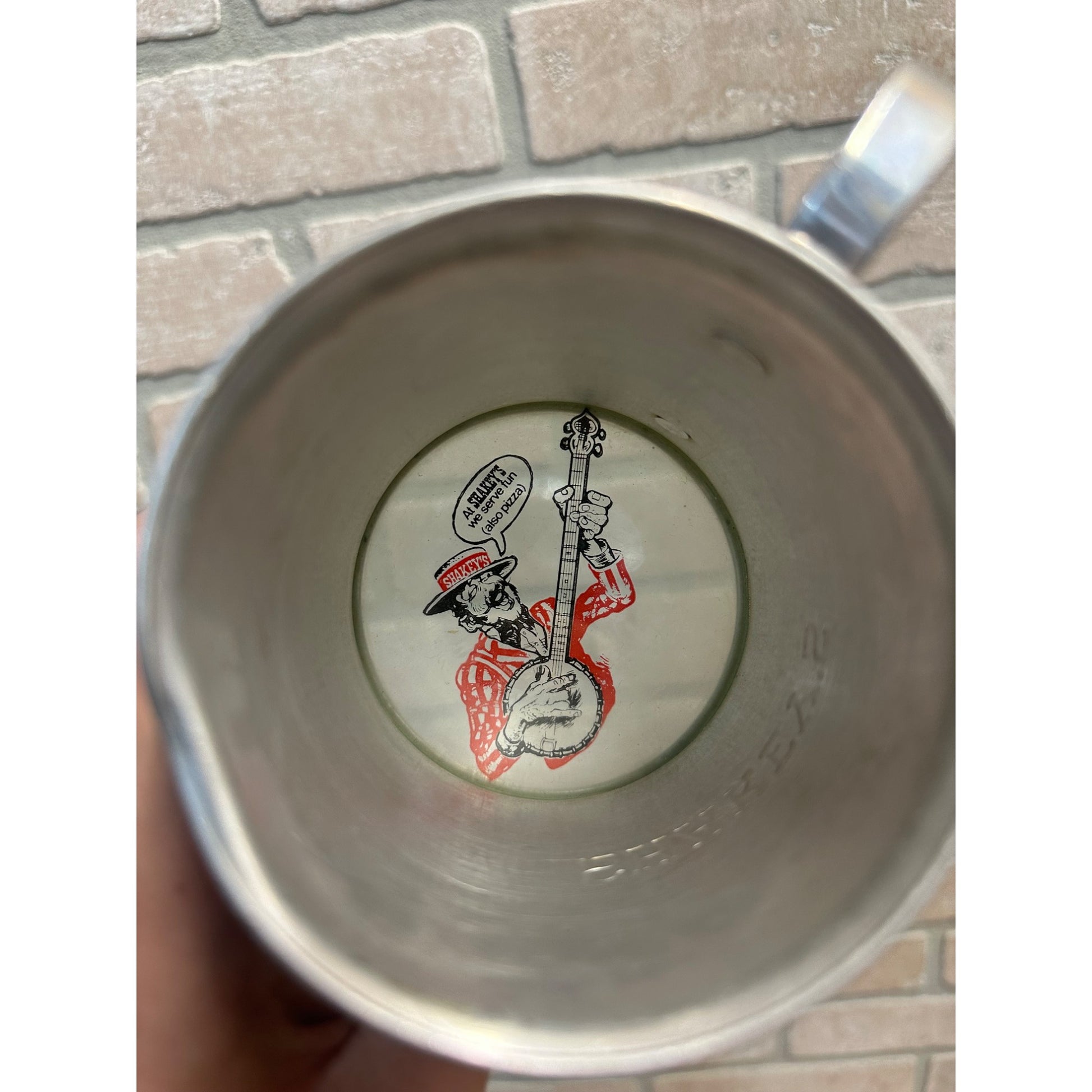 Vintage Shakey's Pizza Parlor Pewter Mug Cup Barware Advertising Glass Bottom