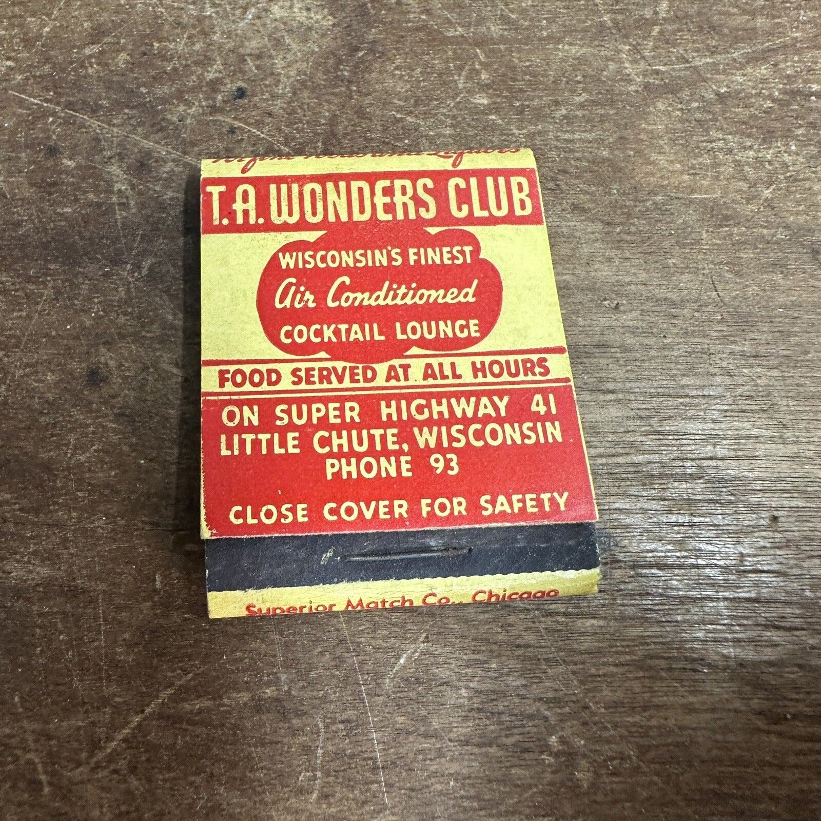 Vintage TA Wonder Super Club Little Chute  Wis Advertising Matchbook Cover