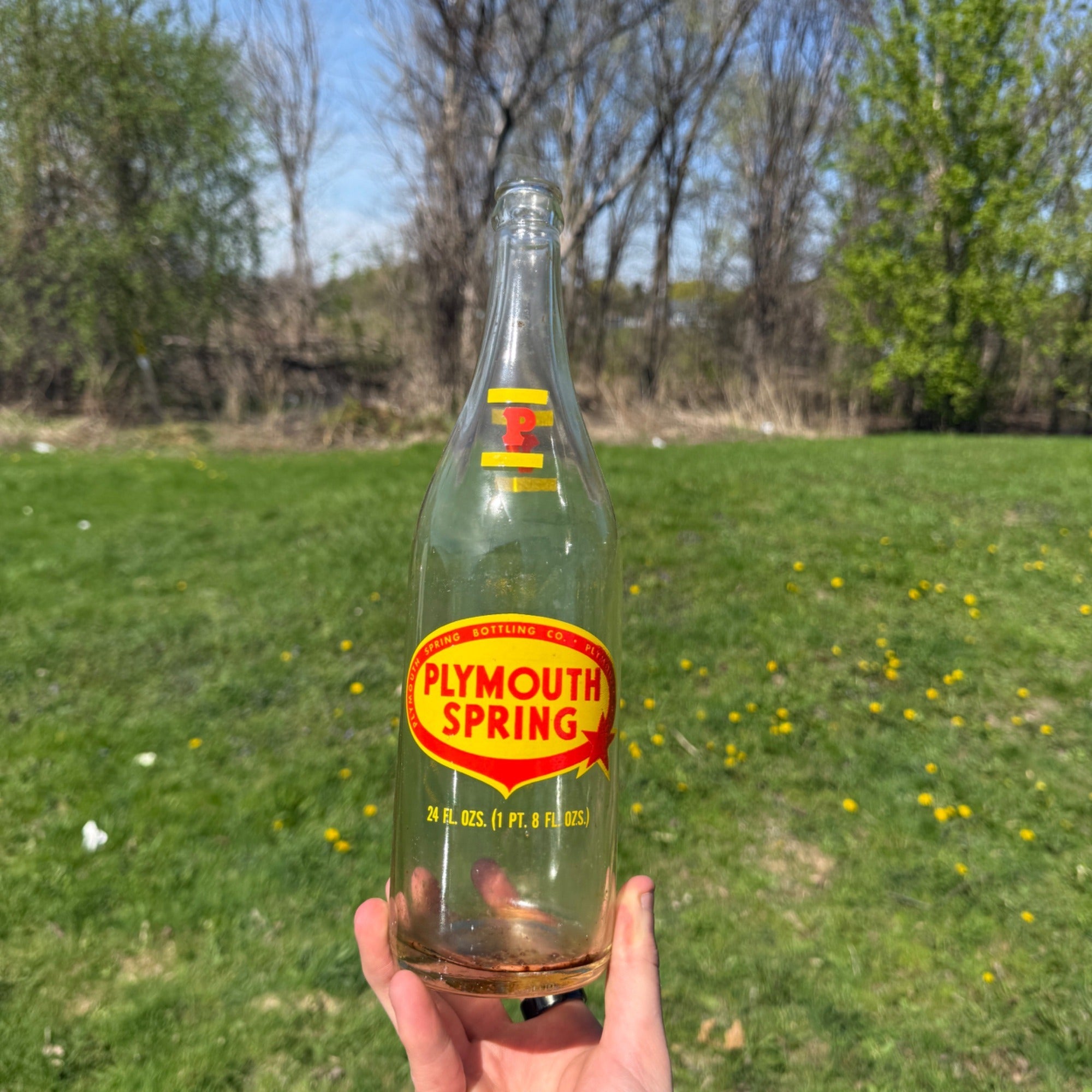Plymouth Spring Vintage ACL 24 oz Soda Pop Bottle Plymouth Wisconsin 1970s