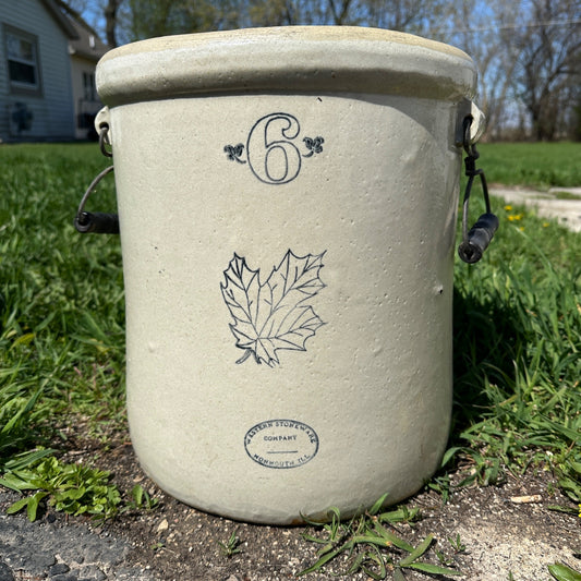 6 Gallon Western Stoneware Crock w/ Oak Leaf Bail Handles Primitive Country Store