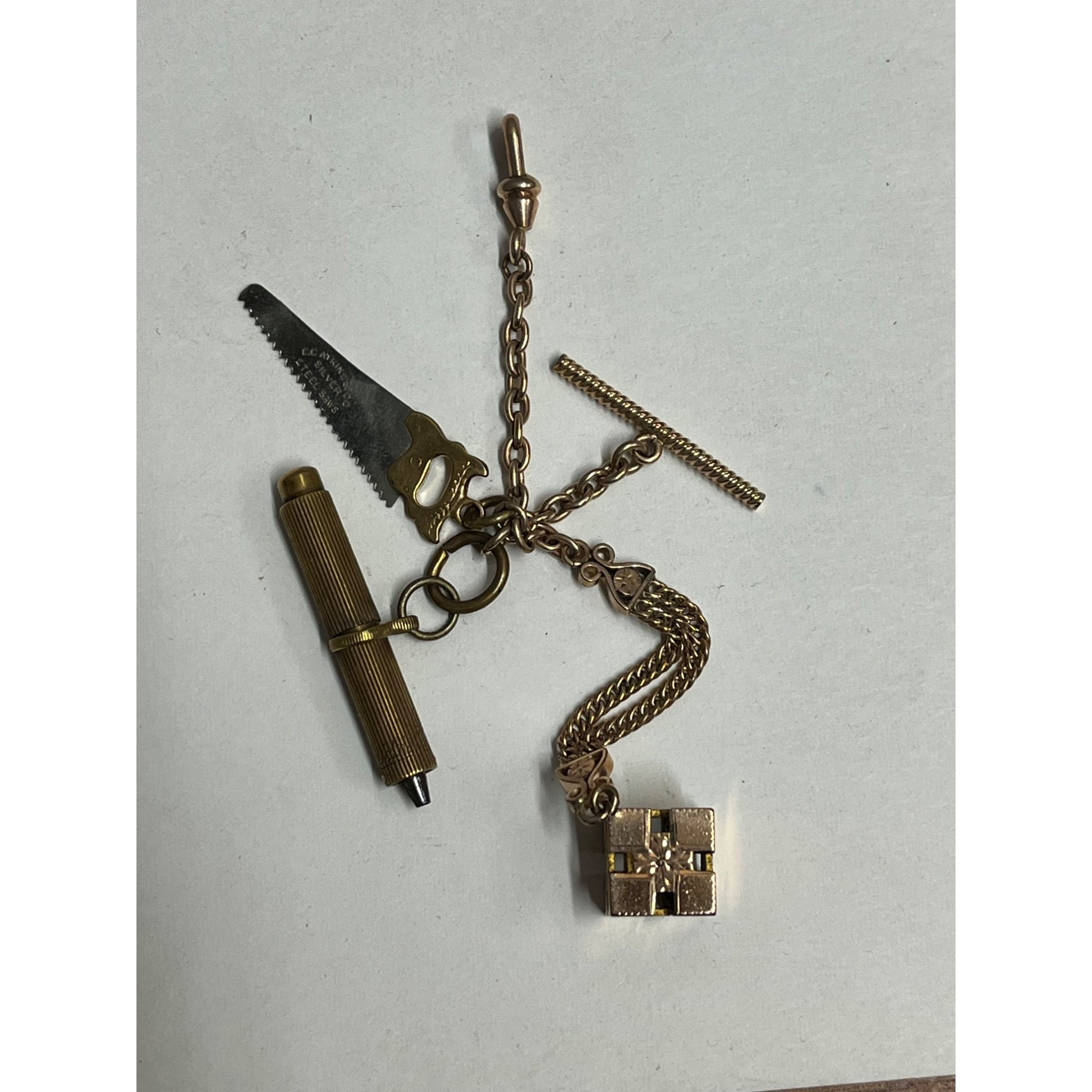 Antique Victorian Men's Pocket Watch Chain w/ Atkins Saw Fob, Universal Key ++