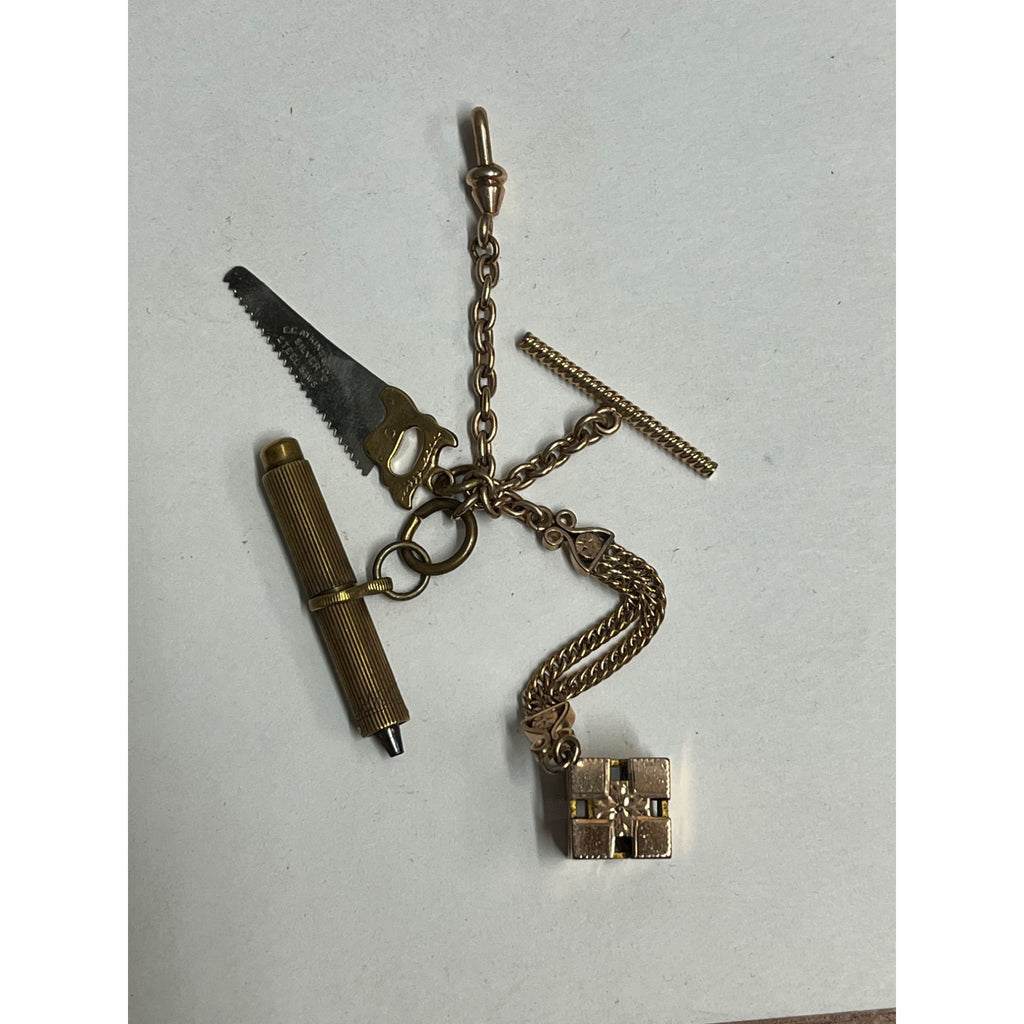 Antique Victorian Men's Pocket Watch Chain w/ Atkins Saw Fob, Universal Key ++