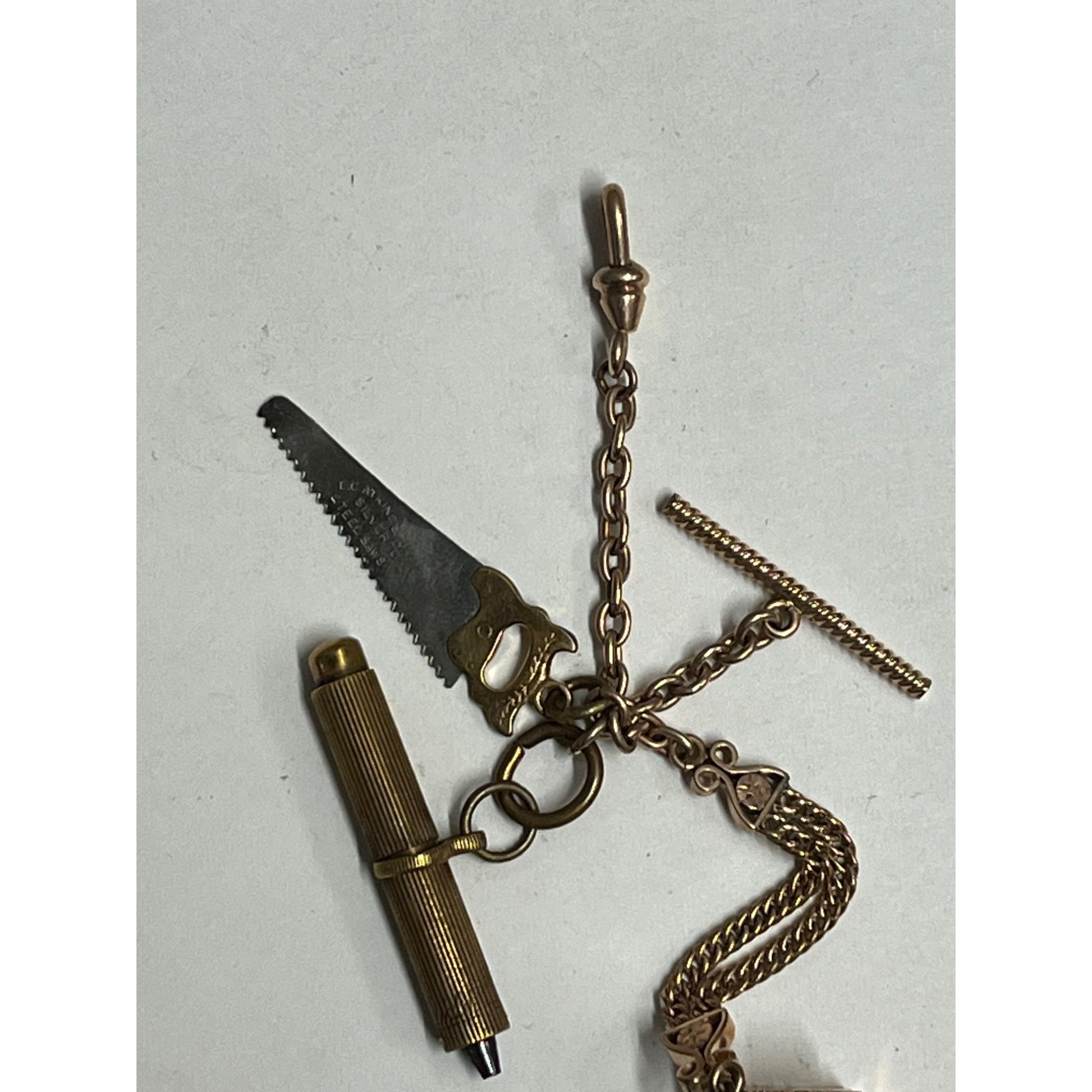 Antique Victorian Men's Pocket Watch Chain w/ Atkins Saw Fob, Universal Key ++