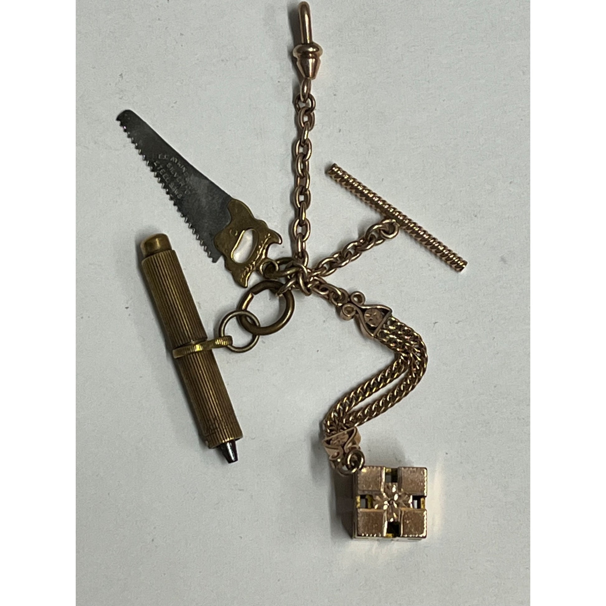 Antique Victorian Men's Pocket Watch Chain w/ Atkins Saw Fob, Universal Key ++